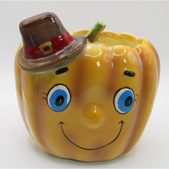Vintage Anthropomorphic Pumpkin Planter Vase Ceramic Halloween Thanksgiving Taiw - Picture 3 of 10